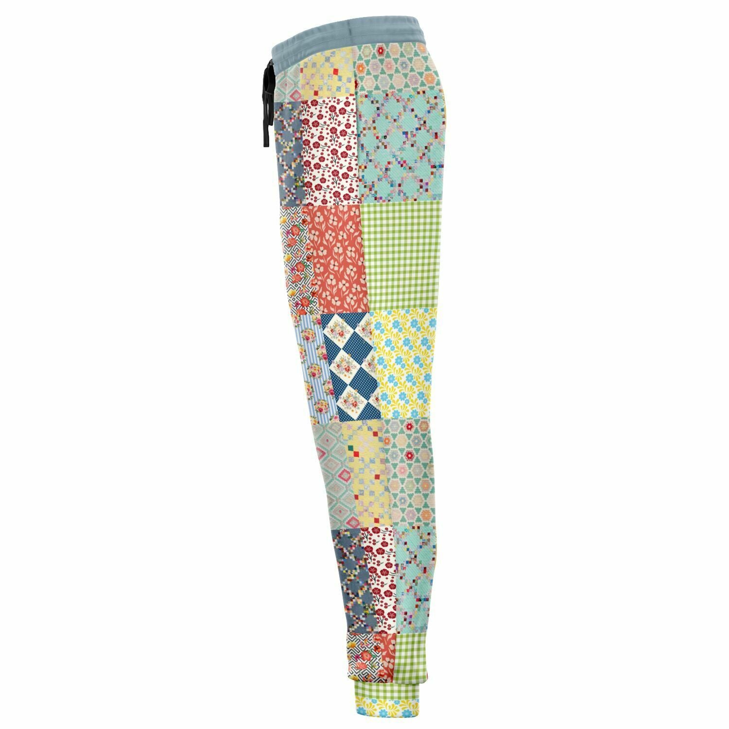 Joggers unisex de eco-poliéster con patchwork floral azul 