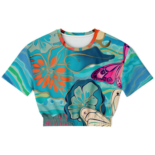 Bahamian Blue Waves Butterfly Eco-Poly Short Sleeve Cropped Sweatshirt