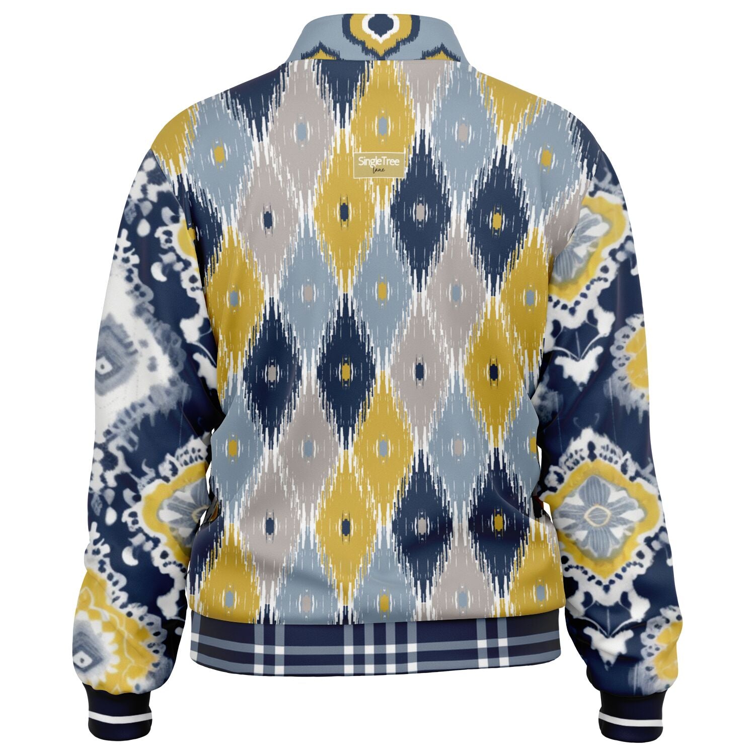 Chaqueta deportiva unisex de poliéster ecológico batik indio azul marino real y amarillo 