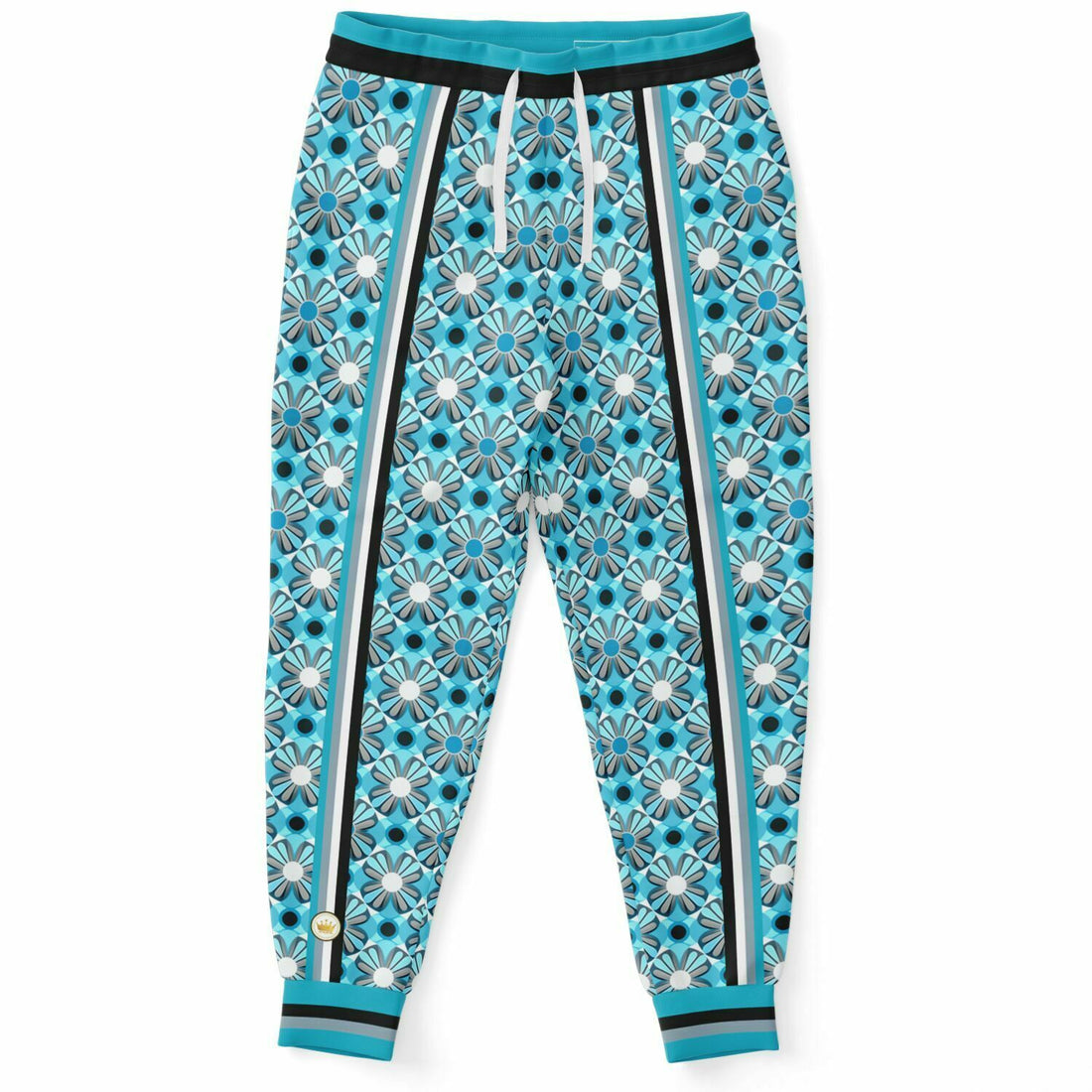 Joggers unisex de poliéster ecológico con rayas hippie y margaritas azules 