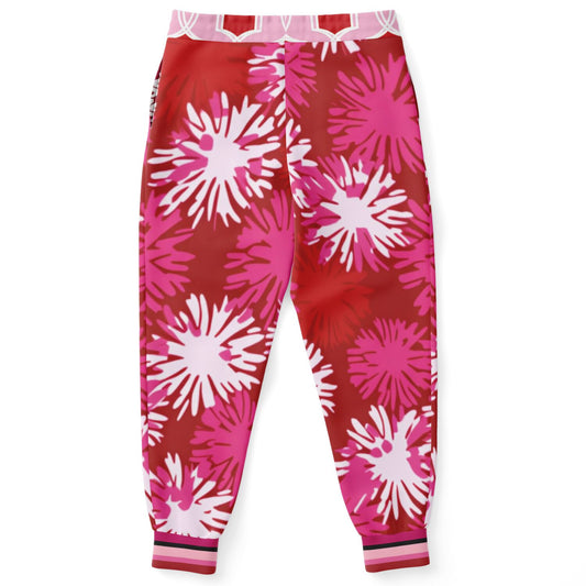 Joggers unisex de poliéster ecológico con explosión de clavel rosa de California 1976 