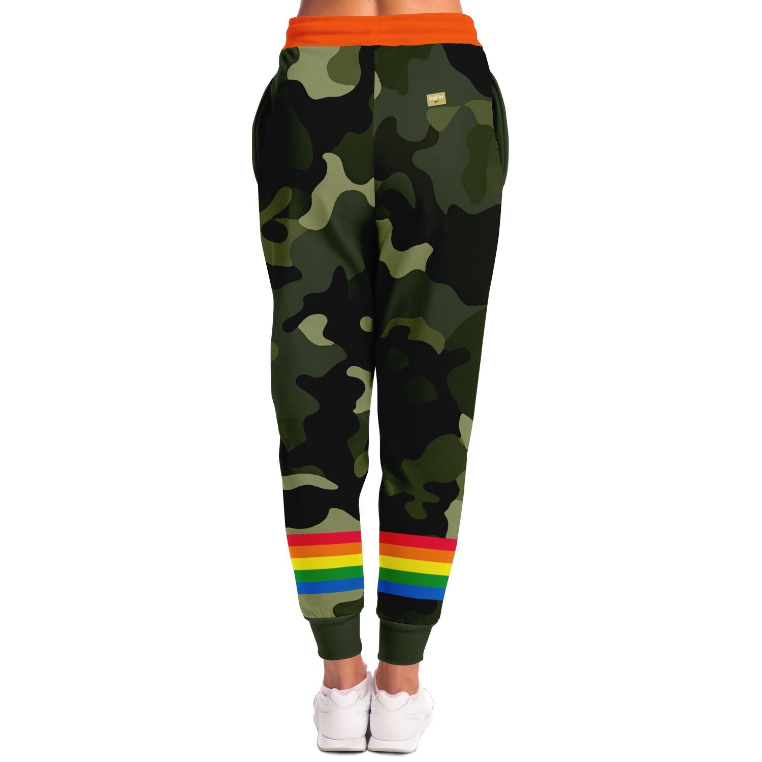 Joggers unisex de poliéster ecológico con rayas arcoíris y camuflaje verde 