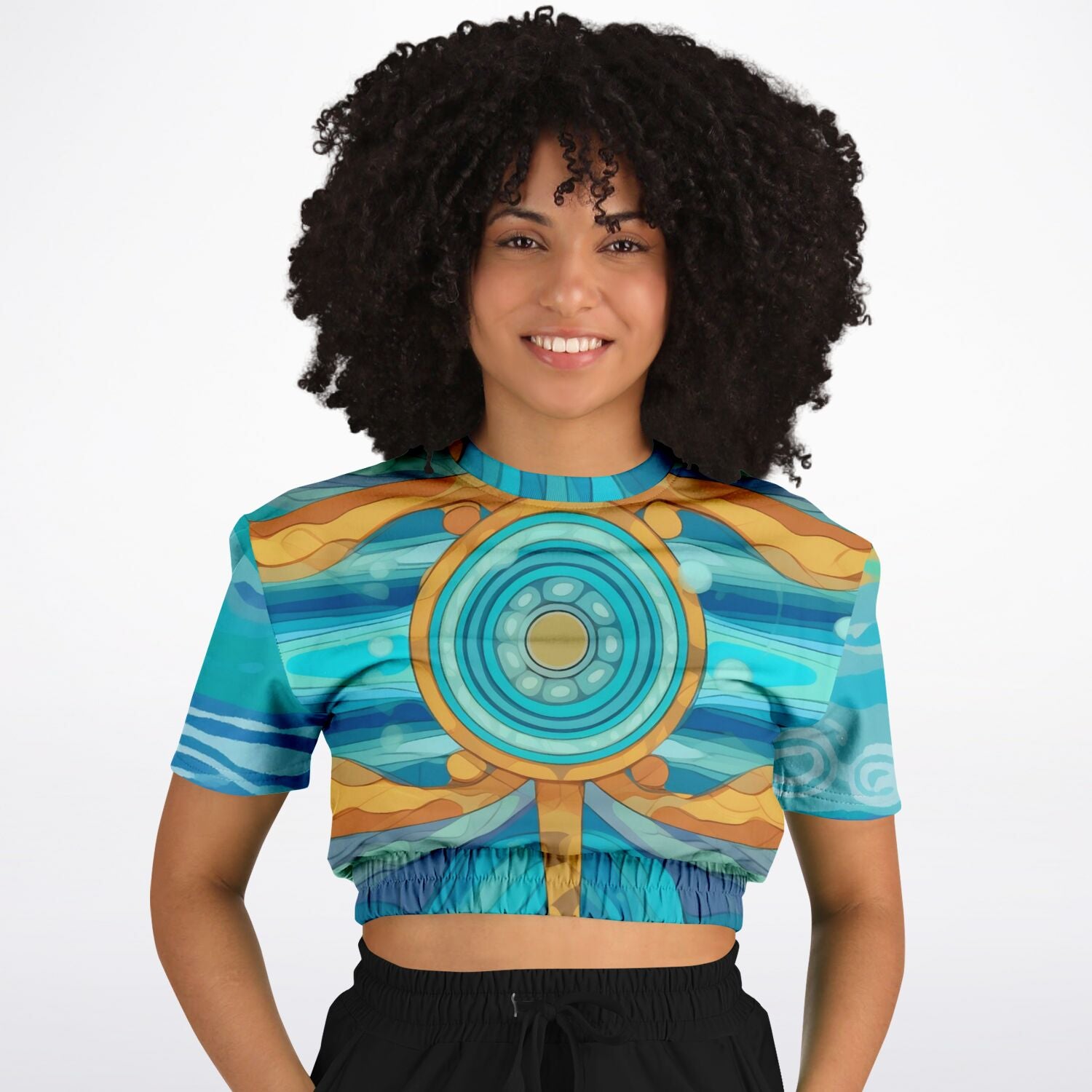 Bahamian Blue Waves Compass Eco-Poly Short Sleeve Cropped Sweater