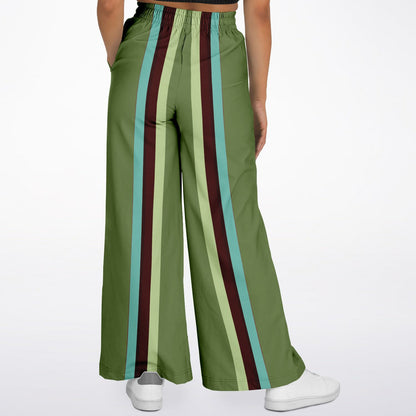 Green Caravan Striped Floral Eco-Poly Wide Leg Pants