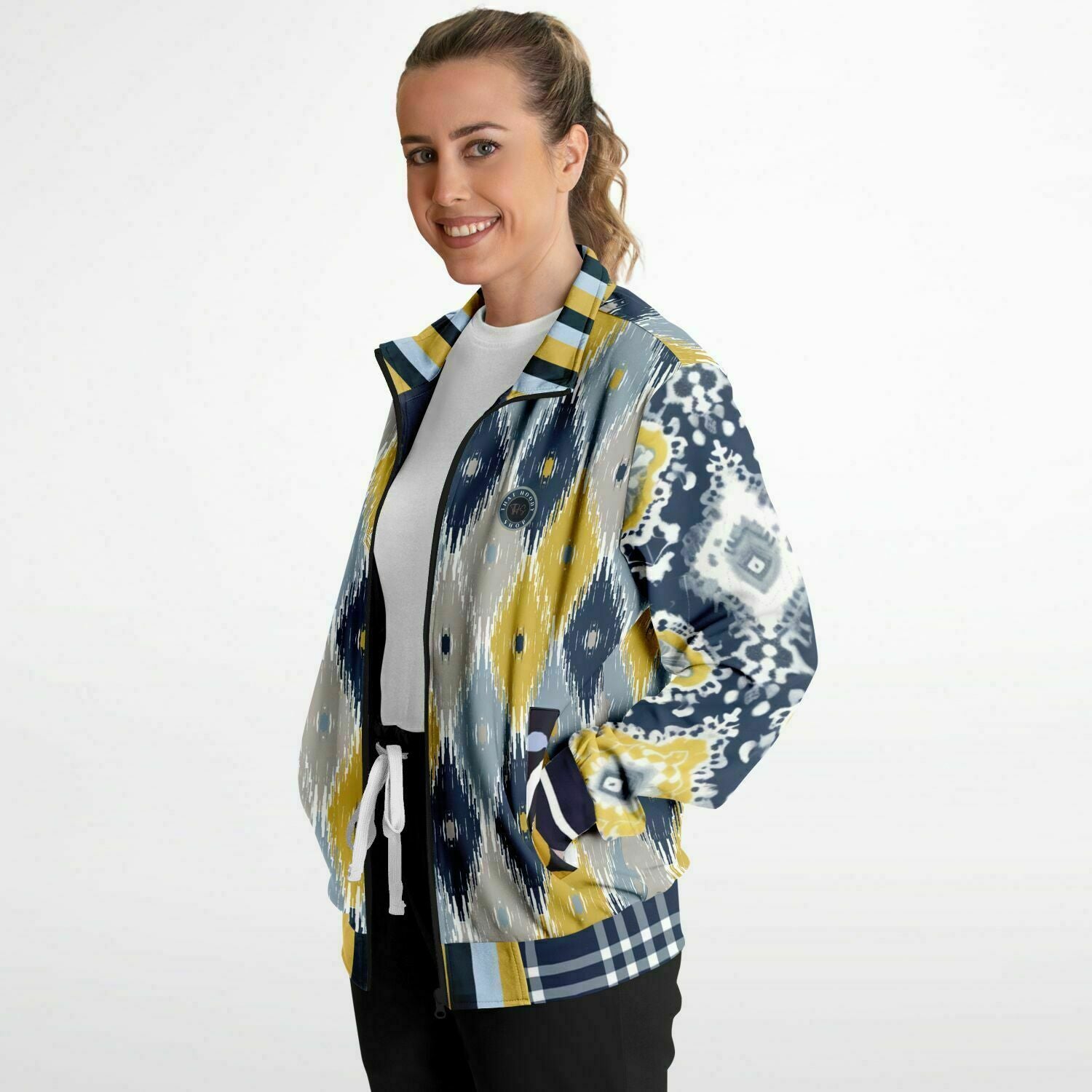 Chaqueta deportiva unisex de poliéster ecológico batik indio azul marino real y amarillo 