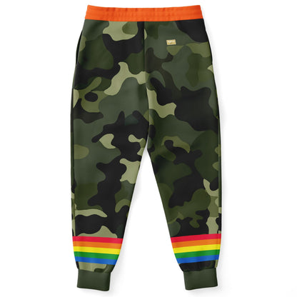 Joggers unisex de poliéster ecológico con rayas arcoíris y camuflaje verde 