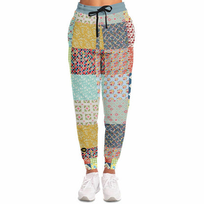 Joggers unisex de eco-poliéster con patchwork floral azul 