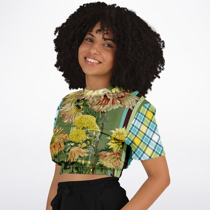 Green Caravan Plaid Eco-Poly Short Sleeve Cropped Sweater