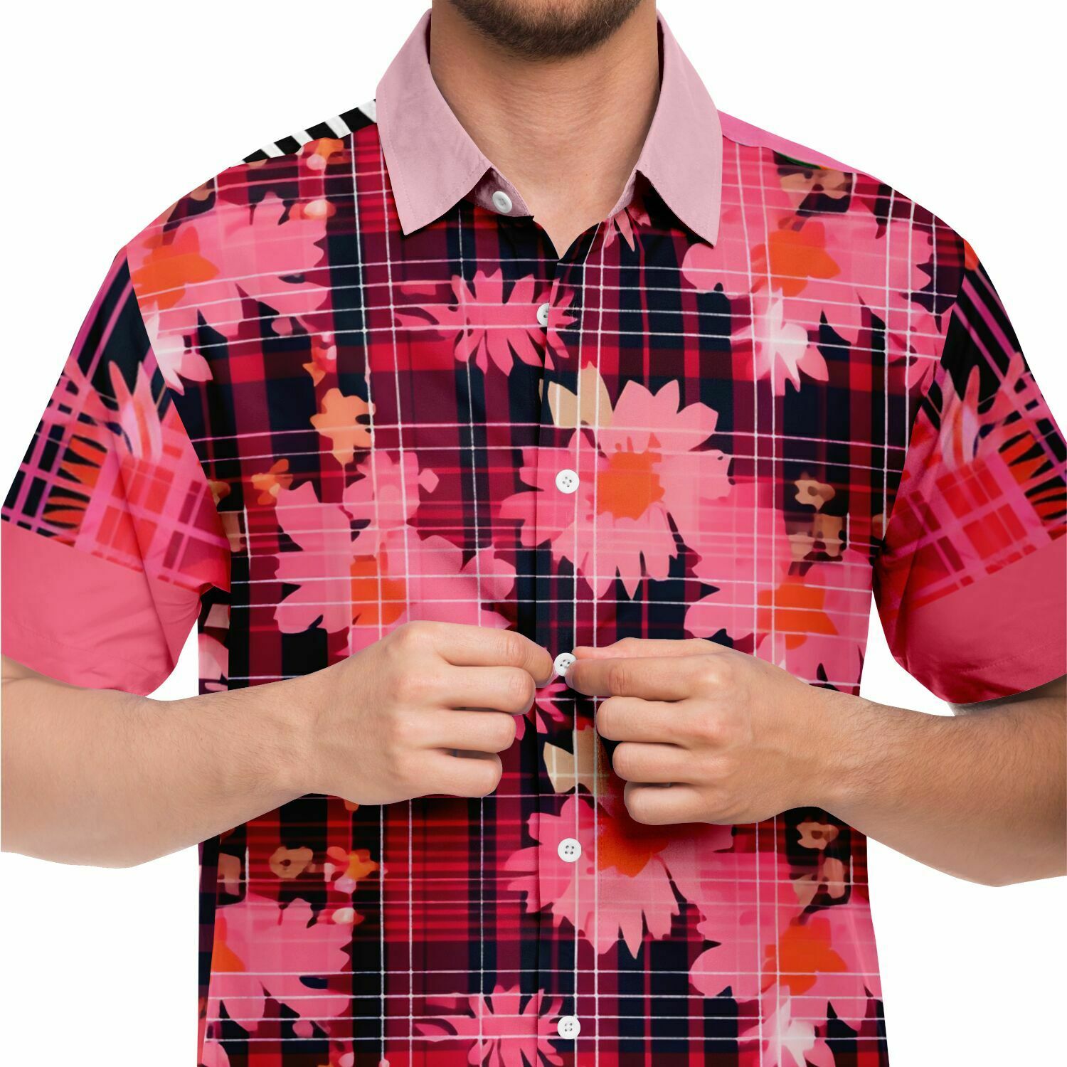 Pink Chrysanthemum Plaid Floral Short Sleeve Button Down Shirt