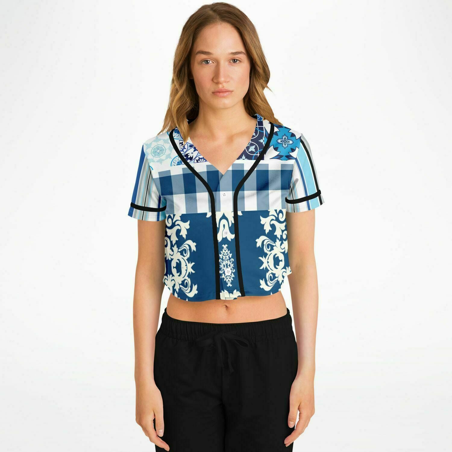 Blue Agadir Floral Stripe Cropped Button Front Jersey copy