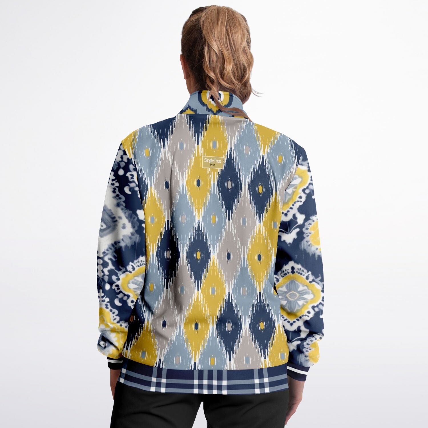 Chaqueta deportiva unisex de poliéster ecológico batik indio azul marino real y amarillo 