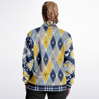 Chaqueta deportiva unisex de poliéster ecológico batik indio azul marino real y amarillo 