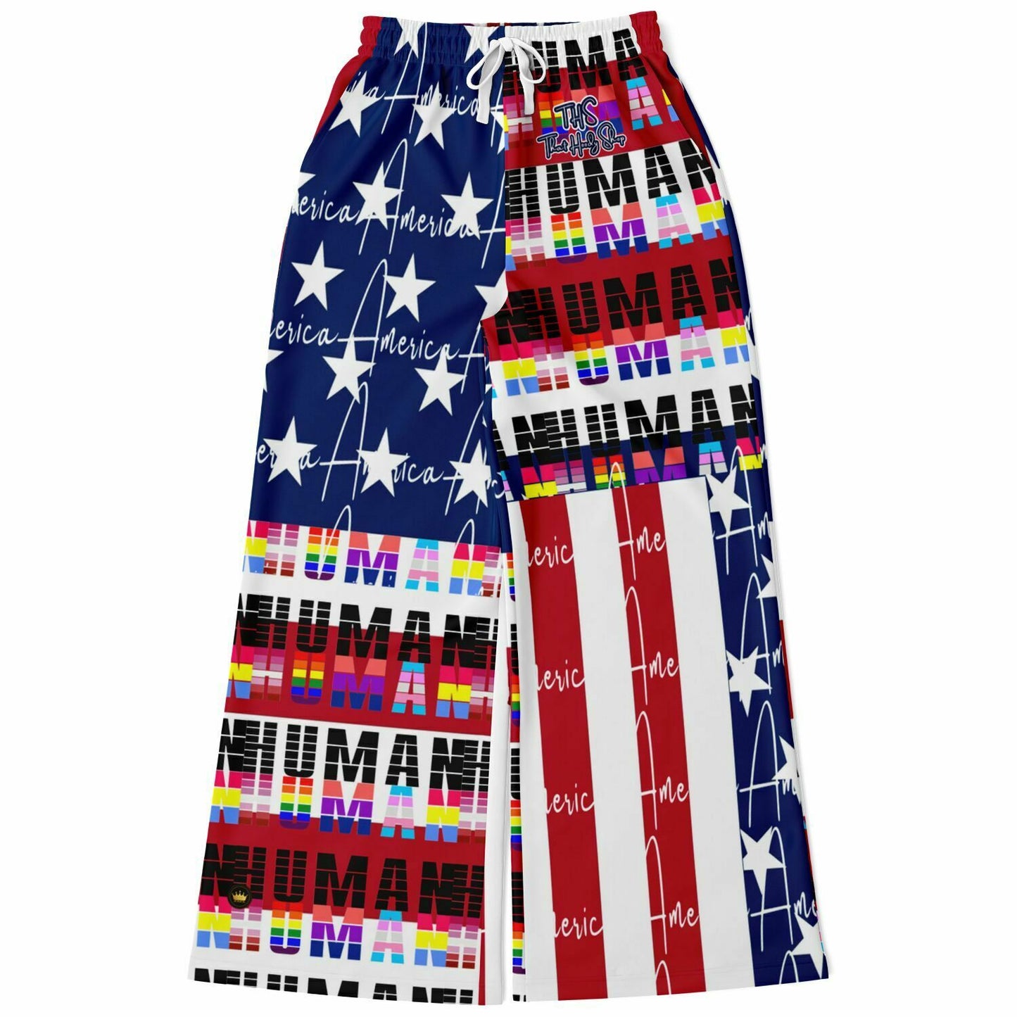I Am Human - Pantalones anchos de poliéster ecológico con bandera estadounidense 
