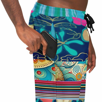 Joggers unisex de poliéster ecológico con rayas florales Cockatiel The Catamaran 