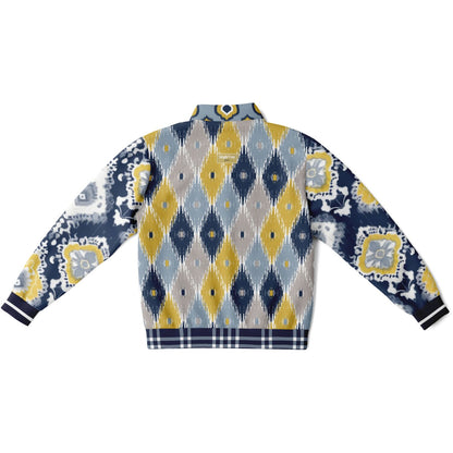 Chaqueta deportiva unisex de poliéster ecológico batik indio azul marino real y amarillo 