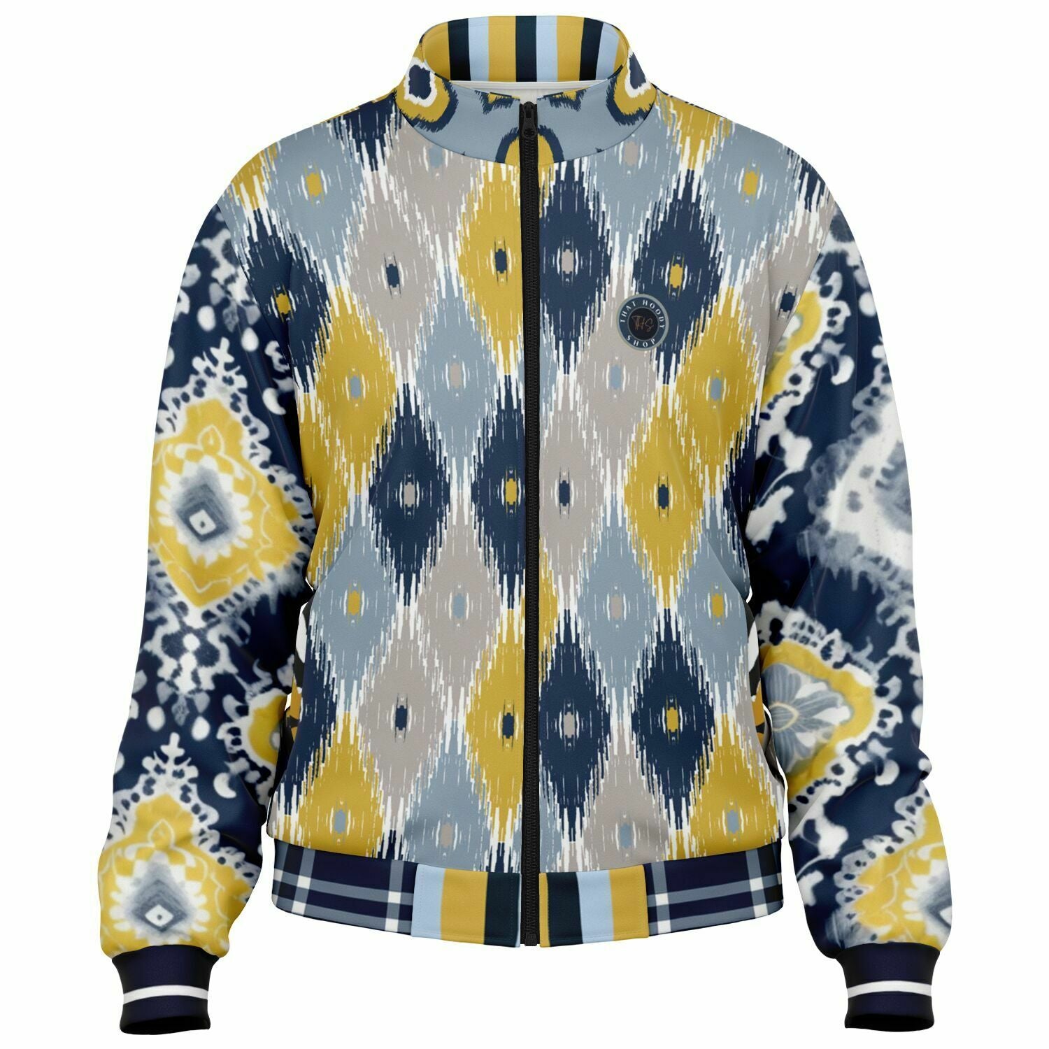 Chaqueta deportiva unisex de poliéster ecológico batik indio azul marino real y amarillo 