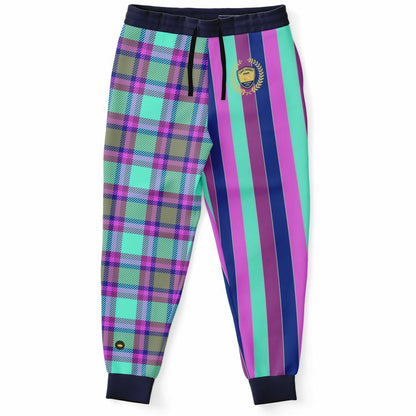 Joggers unisex de poliéster ecológico con rayas de rugby a cuadros de Purpalicious 