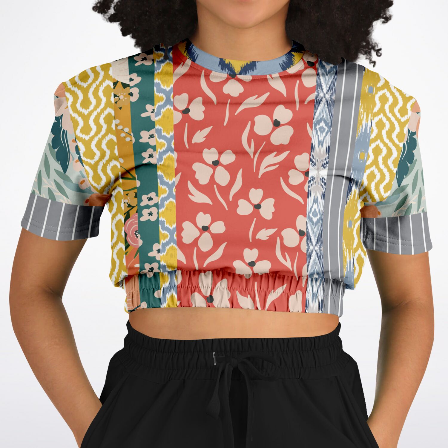 Tallulah Bankhead Yellow Patchwork Short Sleeve Cropped Sweater