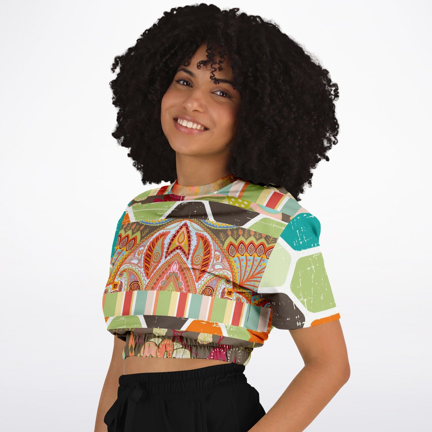 Wyatt Earth Retro 70s Paisley Print Short Sleeve Cropped Sweater