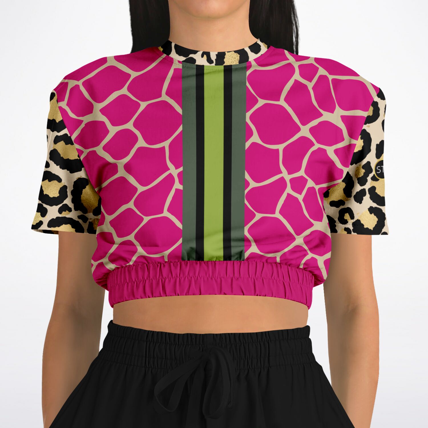 Cheetah Time 1863 Neon Stripe Eco-Poly Short Sleeve Cropped Sweater