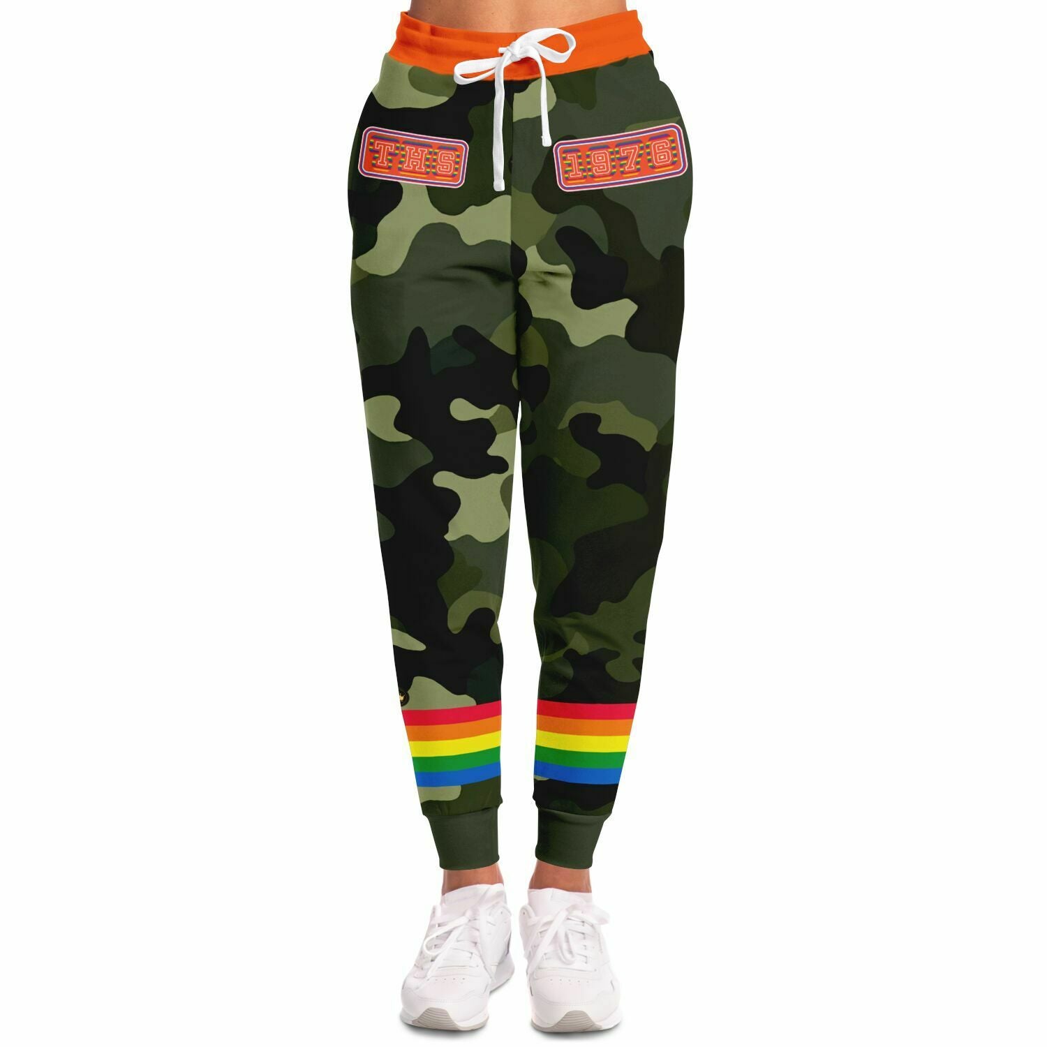 Joggers unisex de poliéster ecológico con rayas arcoíris y camuflaje verde 