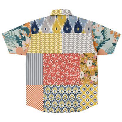 Tallulah Bankhead Floral Ikat Patchwork Short Sleeve Button Down Shirt copy