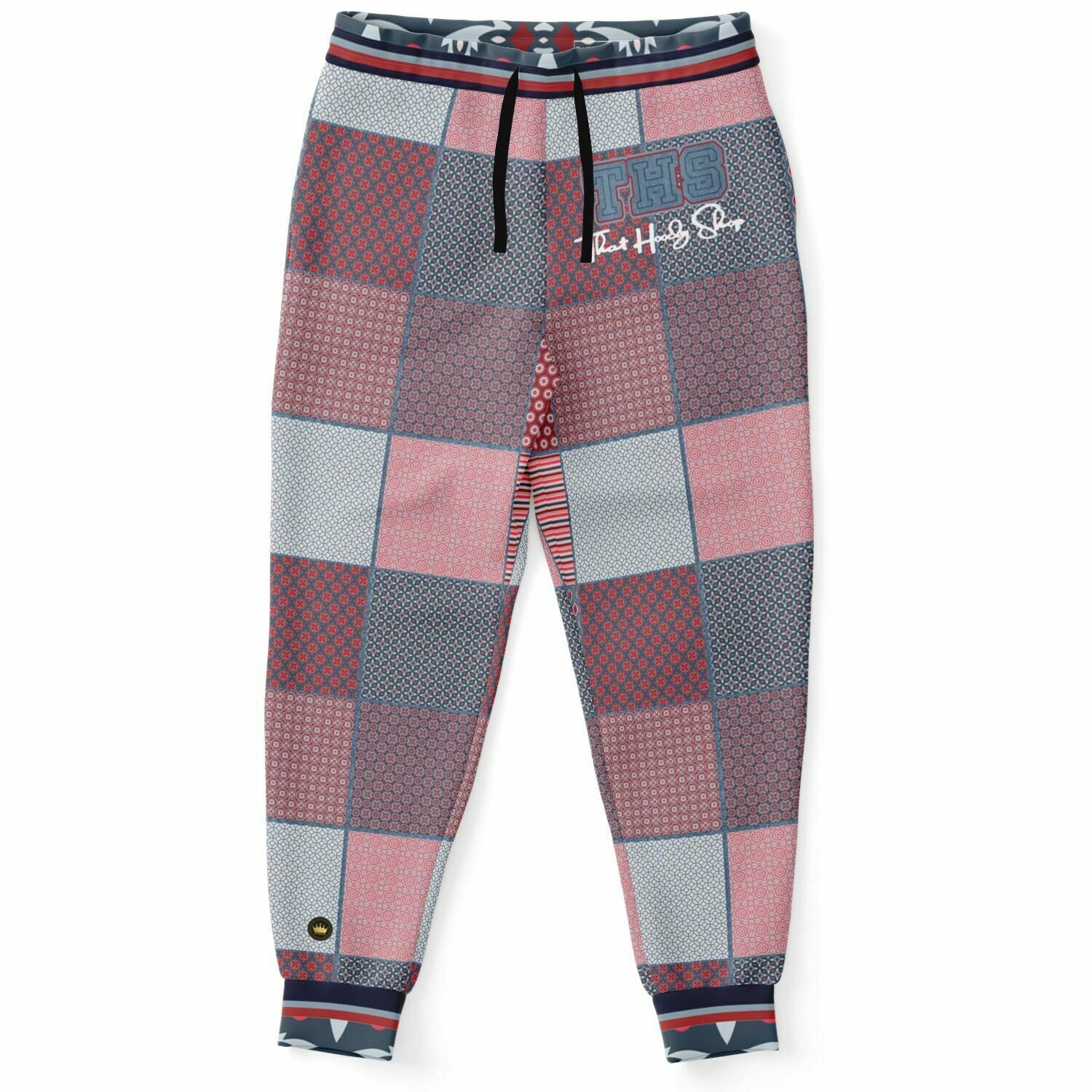 Joggers unisex de poliéster ecológico con patchwork de mezclilla Geo Montauk en rosa 