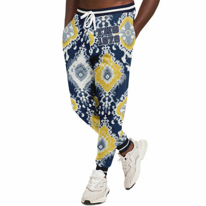 Joggers unisex Eco-Poly Batik indio azul marino real y amarillo 