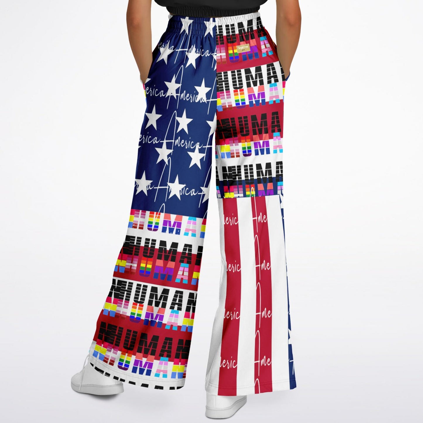 I Am Human - Pantalones anchos de poliéster ecológico con bandera estadounidense 