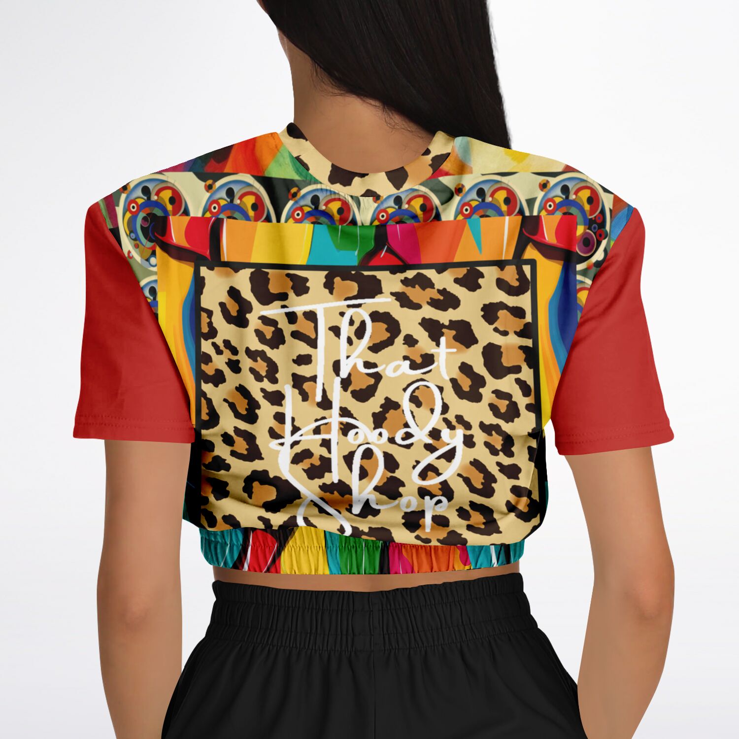 Afro-Queen Solace Cheetah Rainbow Geo Eco-Poly Short Sleeve Cropped Sweater