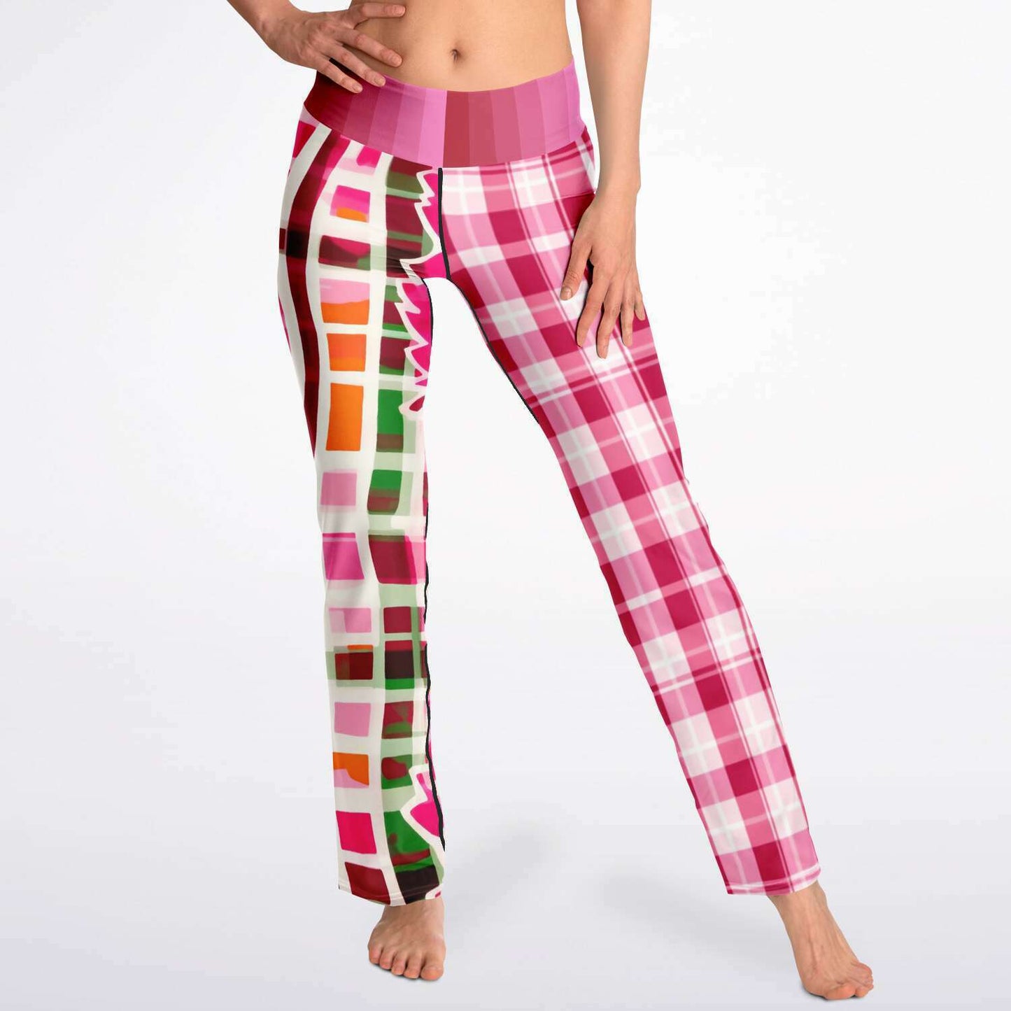 Cabbage Rose Pink Floral Plaid Bootcut Leggings