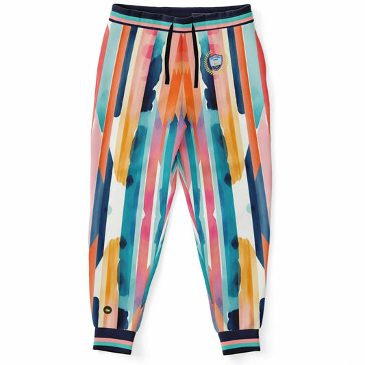 Joggers unisex de poliéster ecológico con rayas abstractas y lluvia en bloques de color rosa 