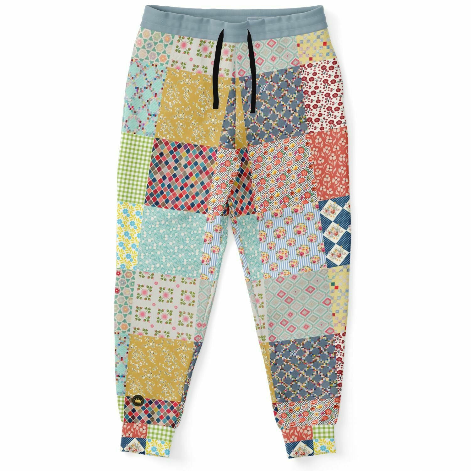 Joggers unisex de eco-poliéster con patchwork floral azul 