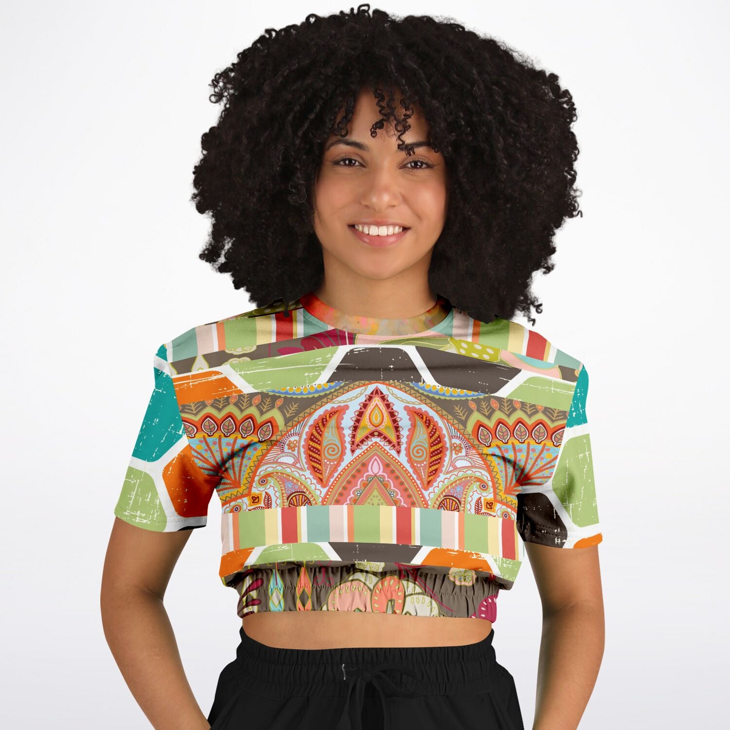 Wyatt Earth Retro 70s Paisley Print Short Sleeve Cropped Sweater