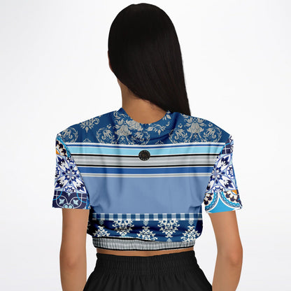 Blue Agadir Moroccan Tile Short Sleeve Cropped Eco-Poly Sweater