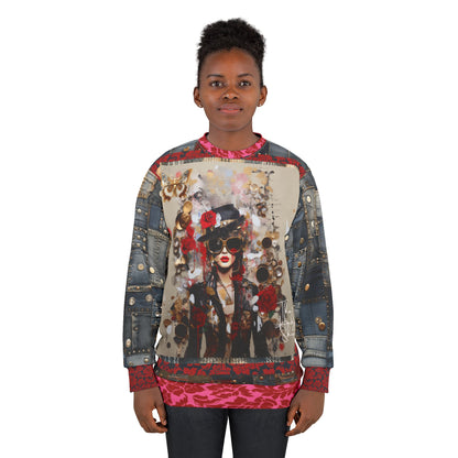 City Girl on Edge Steampunk Style Denim Patchwork Print Unisex Sweatshirt (Gold Label)