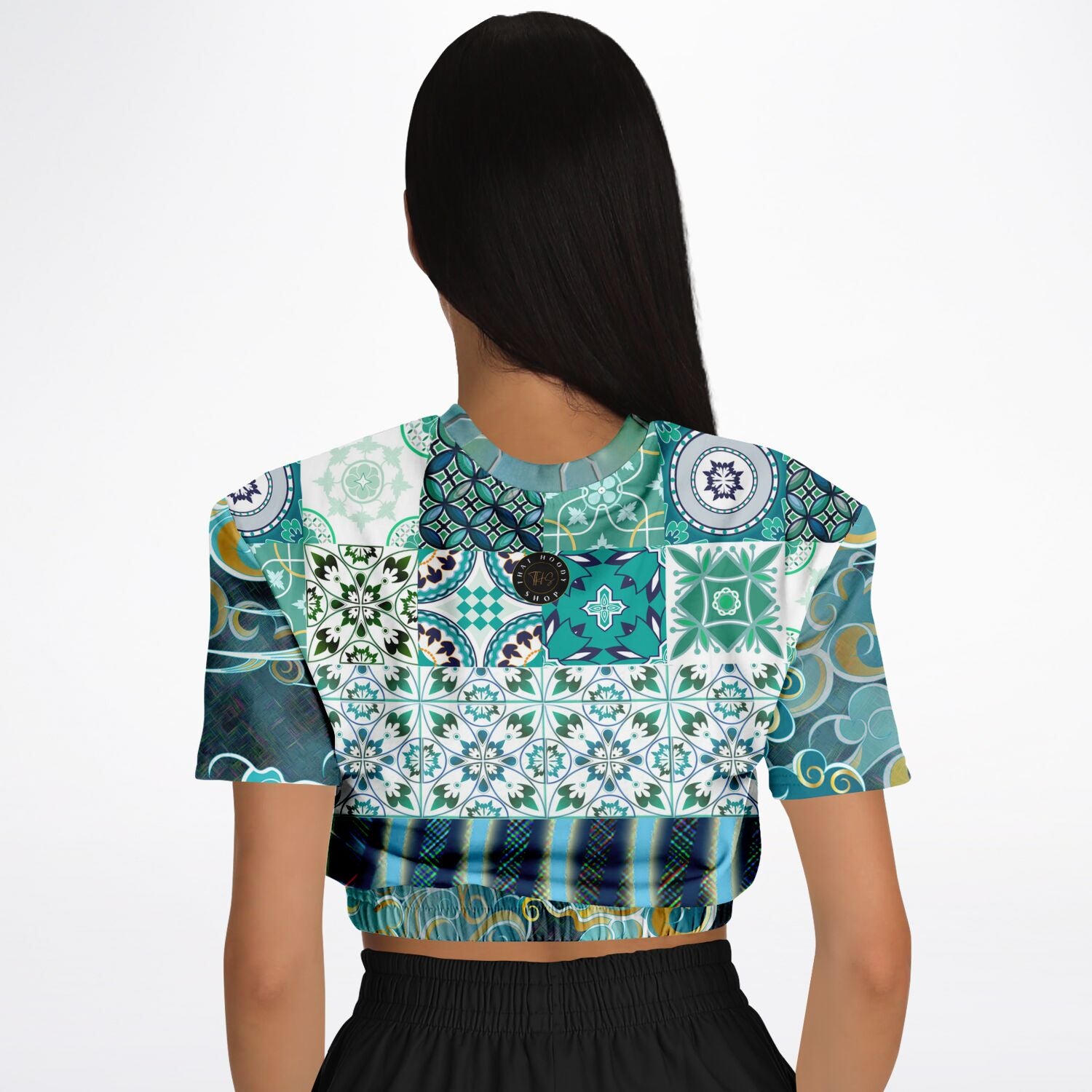 Green Meknes Mosaic Tile Eco-Poly Short Sleeve Cropped Sweater