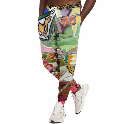 Joggers unisex de poliéster ecológico con mosaico floral de sabana africana rosa 