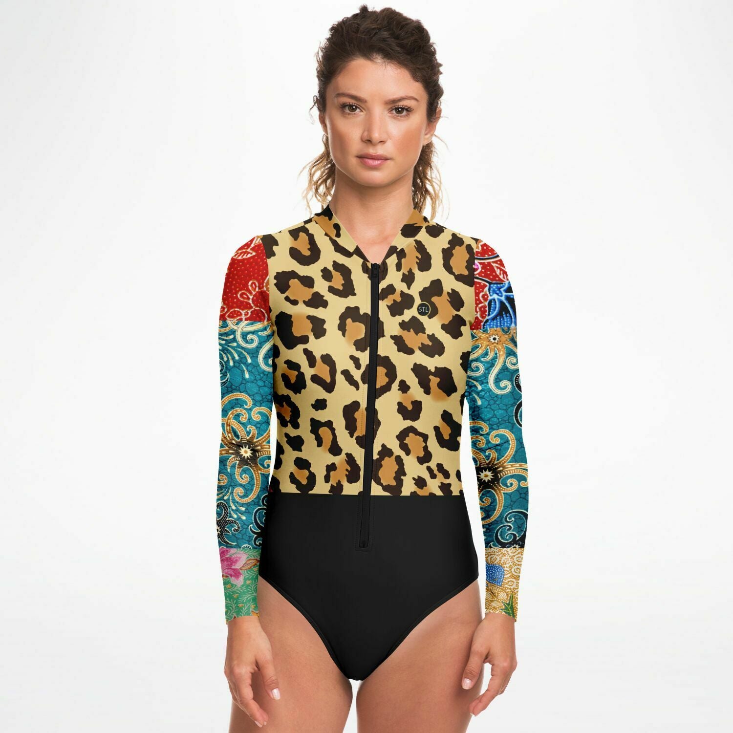 Sweet Clementine Leopard Batik Patchwork Long Sleeve Bodysuit