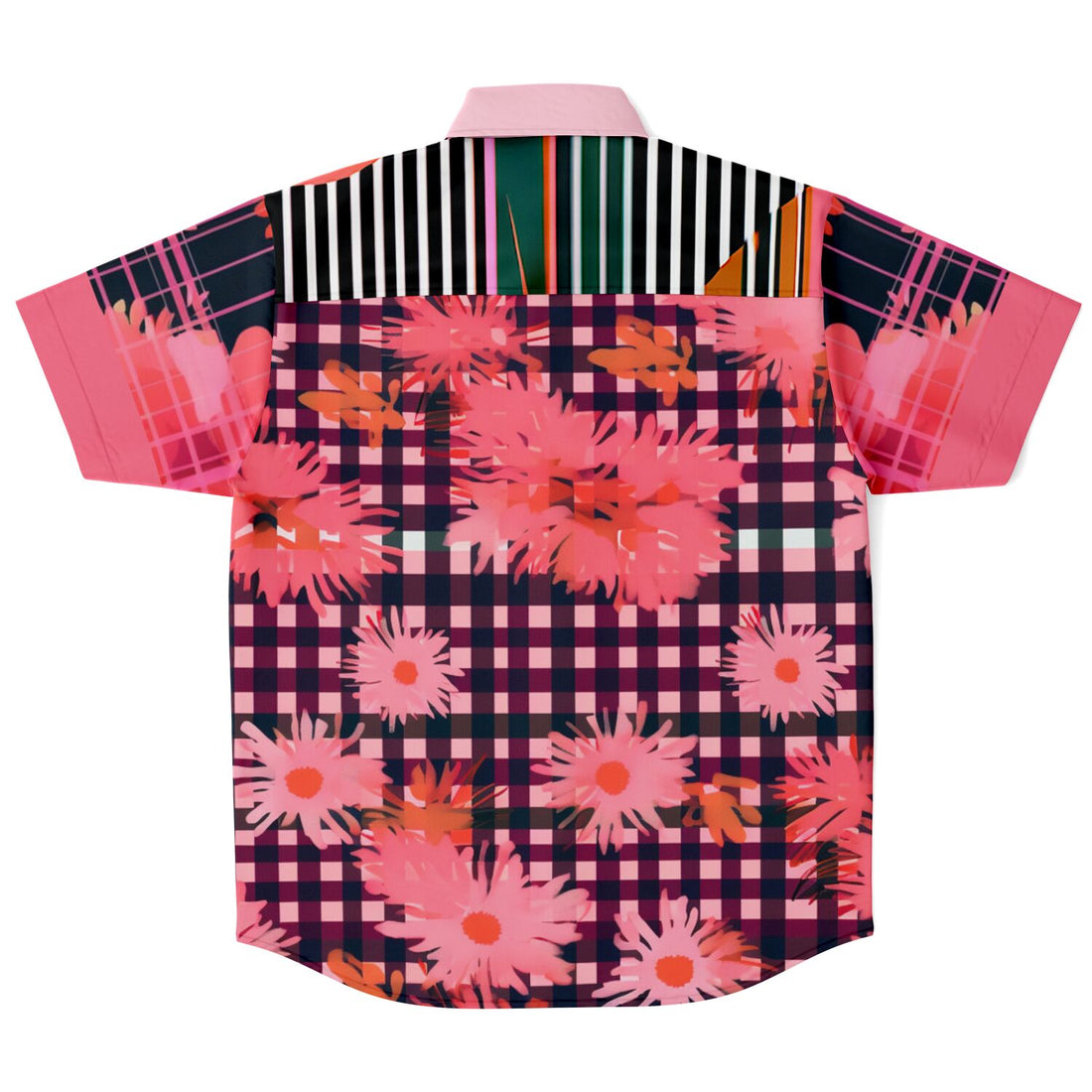 Camisa con botones de manga corta floral a cuadros de crisantemo rosa 