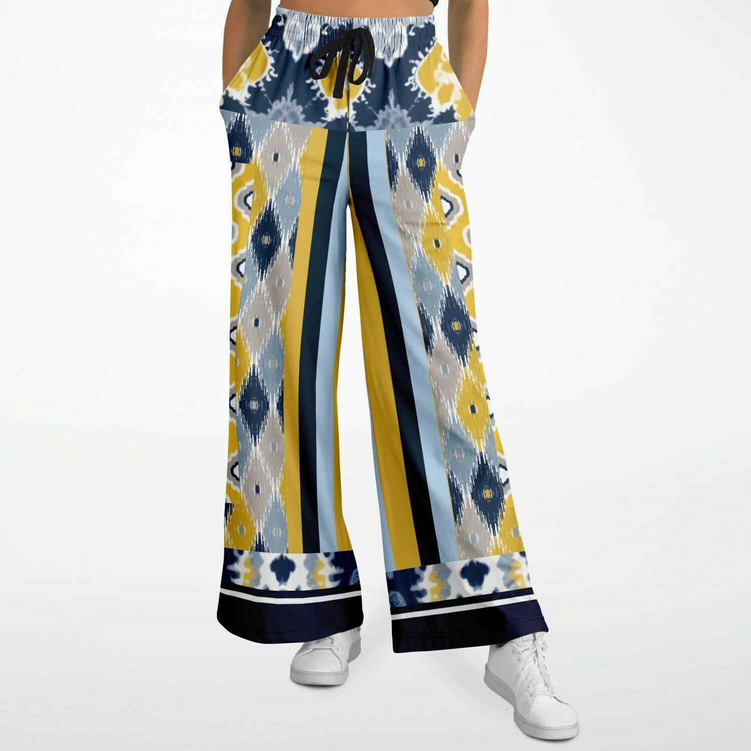 Pantalones anchos de poliéster ecológico batik indio azul marino real y amarillo 