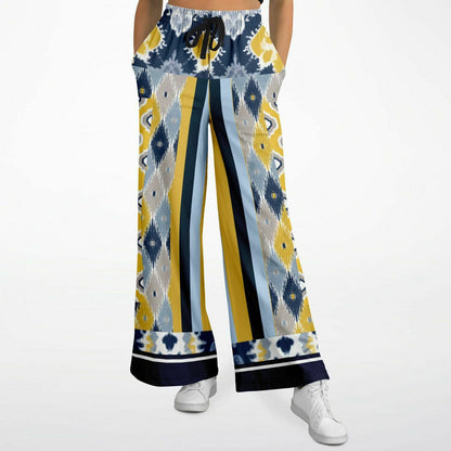 Pantalones anchos de poliéster ecológico batik indio azul marino real y amarillo 