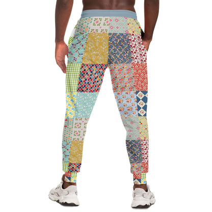 Joggers unisex de eco-poliéster con patchwork floral azul 