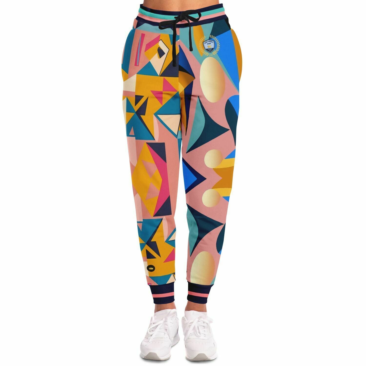 Joggers unisex de poliéster ecológico con estampado geométrico de cubismo rosa 