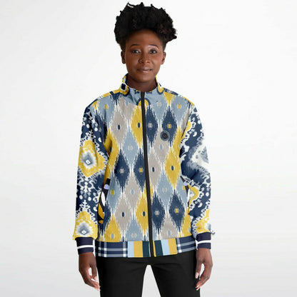 Chaqueta deportiva unisex de poliéster ecológico batik indio azul marino real y amarillo 