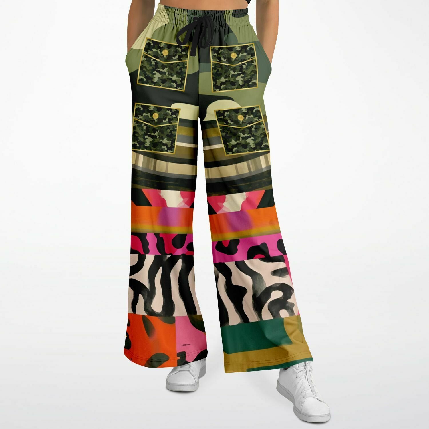 Faces of Medusa Patchwork Print Eco-Poly Wide Leg Pants