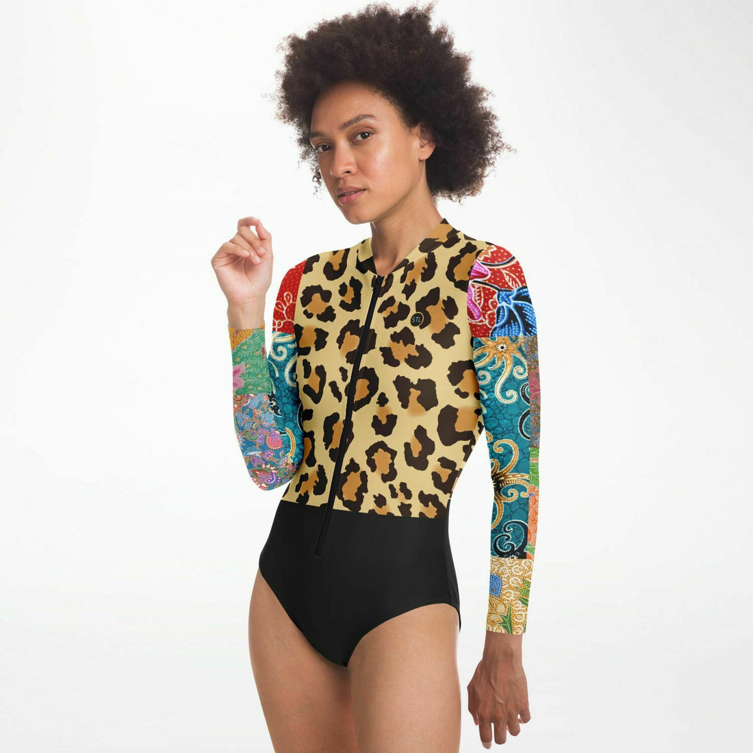 Body de manga larga con patchwork de batik de leopardo y clementina dulce 