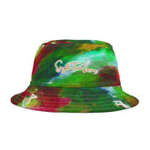 Left side view of a colorful tie-dye bucket hat with &
