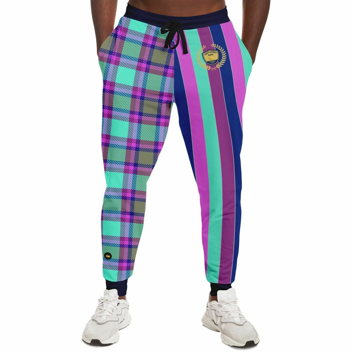 Joggers unisex de poliéster ecológico con rayas de rugby a cuadros de Purpalicious 