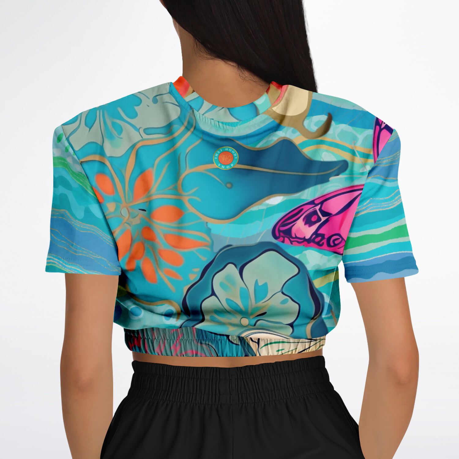 Bahamian Blue Waves Butterfly Eco-Poly Short Sleeve Cropped Sweatshirt